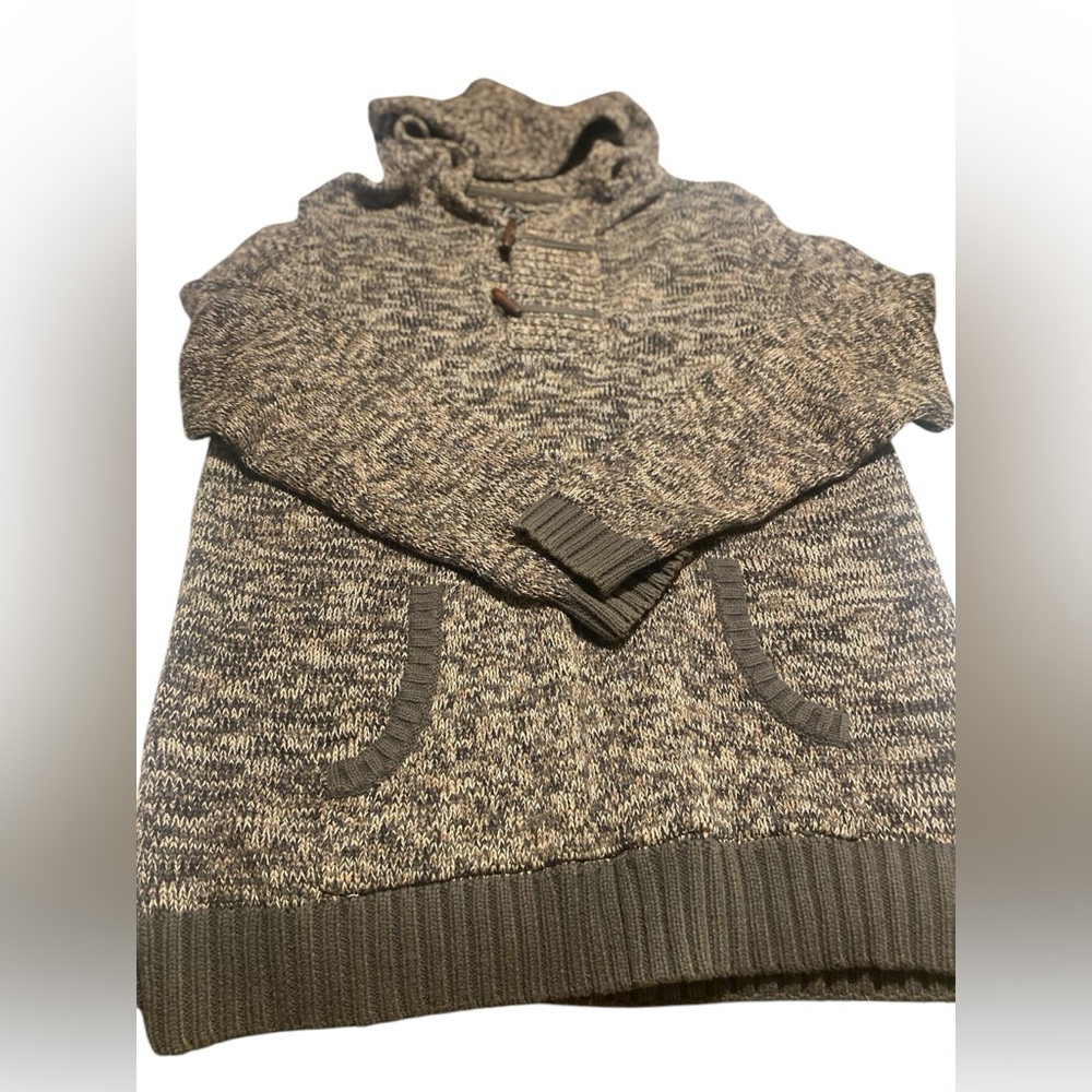Toggle Button Hooded Sweater W Front Pocket Women’s Pull Over Heathered Brown